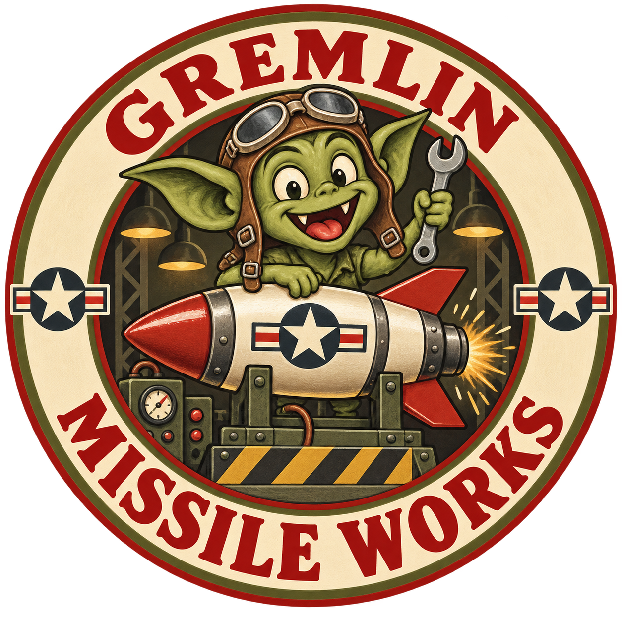 Gremlin Missile Works badge: a smiling gremlin in aviator goggles holding a wrench behind a rocket in a workshop